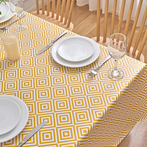 Dehaus® Wipe Clean Table Cloth - Ochre Geo Diamond - Yellow PVC Oilcloth Table Cover - Rectangular Plastic Vinyl Tablecloth - Water Resistant Easy Clean - Kitchen Dining Protector (140 x 250cm)
