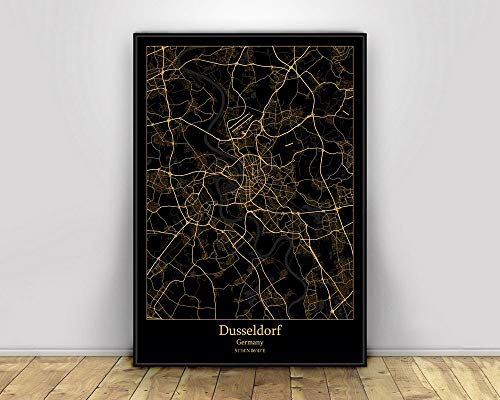 Leinwand Bild, düsseldorf Deutschland Schwarz & Gold Stadt Lichtkarten Poster Benutzerdefinierte Welt Kunst Leinwand Malerei Wandkunst für Wohnzimmer Home Decor,60 * 90cm