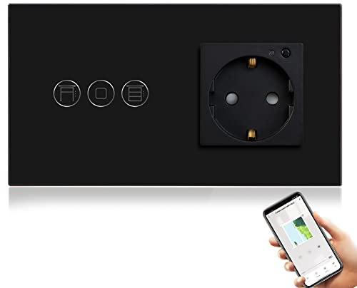 BSEED WiFi Smart Alexa Rollen Schalter mit Steckdose, Kompatibel mit Google Home Tuya, Glas Touchscreen-schalter Wlan Jalousien Schalter (Neutrale Leitung Benötigt) Schwarz