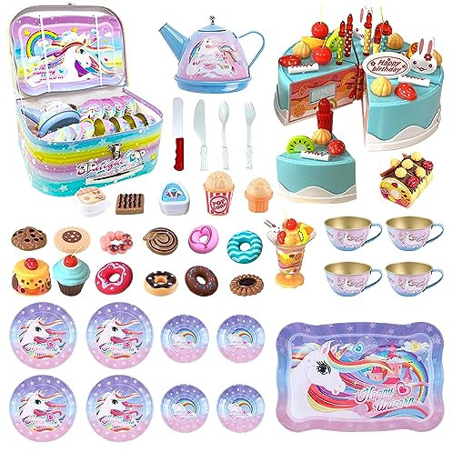 xwin DIY Tea Party & Birthday Cake Toy Set 97 Pieces Including Teacups, Plates, Cookies, Cupcakes, Teapot Accessories, Cake, Cutter & Decorations Fun Pretend Play Gift for Kids Aged 3+ Years