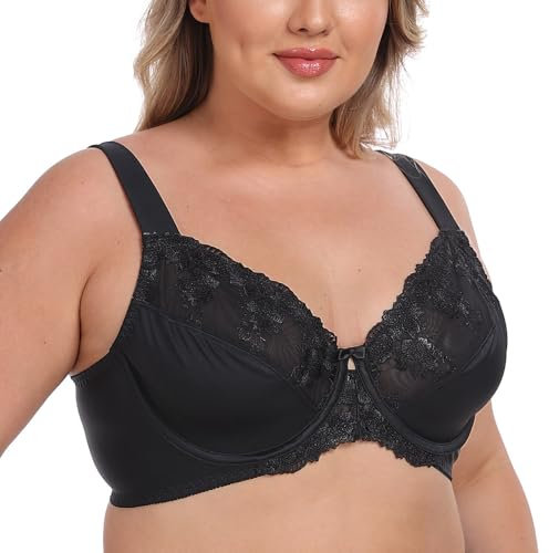 Ayigedu Women's Underwire Bra Non-Padded Floral Lace Plus Size Full Coverage Minimizer 40-F