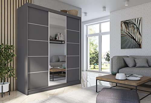 WFL GROUP Moderner Kleiderschrank Schwebetürenschrank Grau mit Spiegel 120 150 180 200 cm - Graphit Matt Kleiderschrank für Schlafzimmer mit Schiebetüren - Kleiderstange - 180 cm - Grau