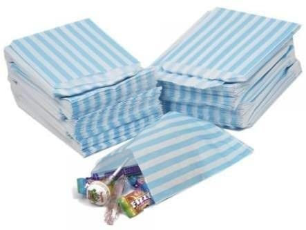 5 x 7 Aqua Light Blue Candy Striped Sweet Paper Bags | Pack of 50 | Wedding Buffet Favour Cake Gift Pick n Mix Shop