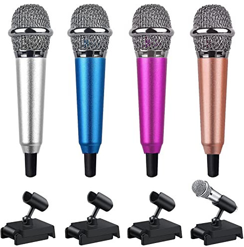 QJFHURB Mini Micro 4 Pièces Petit Asmr Filaire Portable Filaire en MéTal Condensateur Vocal Karaoke Micro avec 4 Supports Microphone pour TéLéPhone Portable Ordinateur Portable (4 Couleurs)