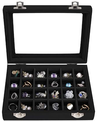 EONGOA 24 Grid Velvet Jewelry Tray for Drawers Detachable Jewelry Showcase Box Glass Clear Lid Showcase Display Storage Ring Trays Holder Earrings Organizer Case (black)