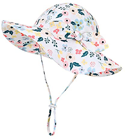 Volicph Baby sommarhatt flicka solhatt småbarn strandhatt baby bucket hat UPF 50 för baby flicka spädbarn barn småbarn, Tryckt rosett på vitt, 12-24 månader
