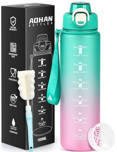 AOHAN Trinkflasche Sport 1l, Wasserflasche Tritan BPA-Frei, Auslaufsicher Trinkflasche mit Strohhalm, Sportflasche mit Filter und Zeitmarkierung für Fitness Radfahren Schule Büro und Outdoor