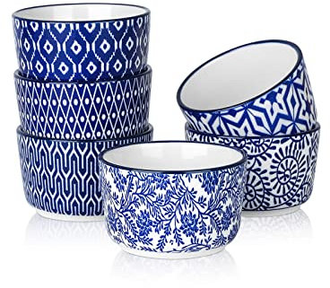 Selamica Kleine Auflaufform, 118 ml Creme Brulee Schälchen, Keramik Souffle Förmchen Backofenfest, Dessertschalen für Pudding, Dip, Eis, 6 Stück, Vintage Blau