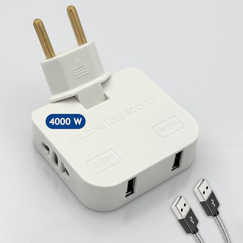 3-Stars | Adattatore Piatto Salvaspazio da Muro con 2 Uscite Schuko e 2 Porte USB. Tripla Connessione Compatta 4000W per Casa e Ufficio. Bianco