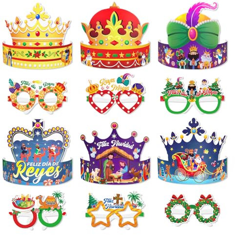 DPKOW 24 Reyes Magos Sombreros Gafas Navidad Fiesta Papel Gafas Gorros Corona Navidad Cumpleaños Fiesta Suministros Navidad Photo Booth Props Día de Reyes Fiesta Sombreros Gafas Decorativos para Niños
