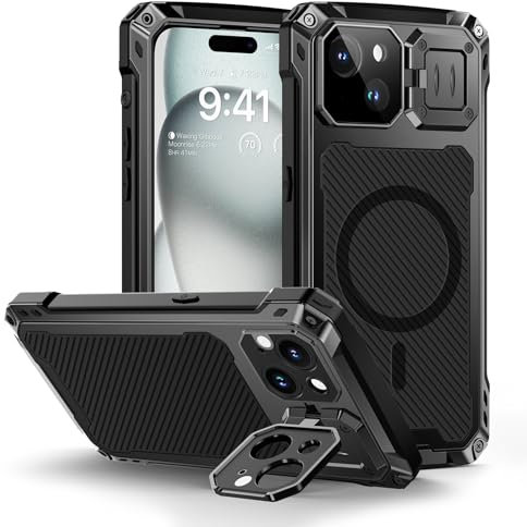Lanhiem iPhone 15 Case, Tempered Glass Screen Protector, Heavy Duty Shockproof Cover with Camera Kickstand, Full Protective Case (Black)