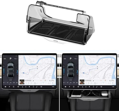 for Tesla Model Y Model 3 Hideable Under Screen Storage, Center Console Organizer Tray Sunglasses Holder with Black Anti-Slip Silicone Pad, Compatible with Tesla Model Y Model 3 Accessories 2016-2024