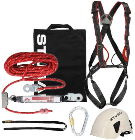 STUBAI Dachdecker-Set PSA Basic Plus mit Helm | Komplettgurt, Mitlaufendes Auffanggerät 15m Seil, Work Loop 120, HMS Stahlkarabiner 26kN, Industrieschutzhelm PETASUS und Tragetasche für Kletterer