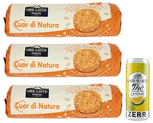 3er-Pack Ore Liete Cuor di Natura Biscotti con Cereali,Kekse mit Getreide,mit Vollkornmehl und ohne Zuckerzusatz,250g + 1er-Pack Kostenlos San Benedetto Eistee mit Zitrone Ohne Zucker 330ml Dose