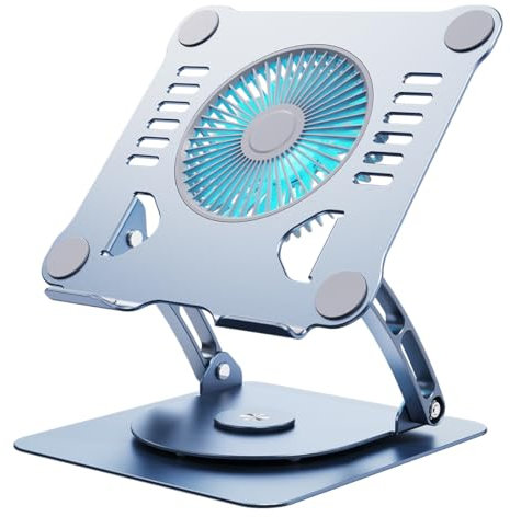 SHUWEI 360° Rotating Laptop Cooling Stand with 3 Speed Fan, Adjustable Height Laptop Stand for Desk, Ergonimic Aluminum Laptop Cooling Pad for 10-15'' Notebook - Bule-Gray