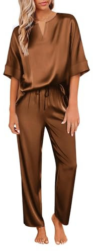 Ekouaer Short Pyjama en Soie Femme Pyjamas Femme Ete Satin Manches Courtes Vêtements de Nuit 2 Pièces Sleepwear Brun Clair M