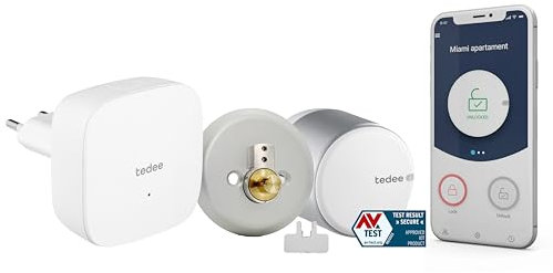 tedee Go Smart Lock, cerradura de puerta delantera inteligente, cerradura electrónica de puerta convierte tu smartphone en una llave, para cerrojo de un solo cilindro, plateado (adaptador de cerrojo +