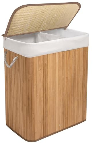Knight Bamboo Laundry Hamper 105L - Dual Compartment Basket, Removable & Washable Liner, Foldable, Natural, for Bedroom & Bathroom, 52x32x63cm (Natural)