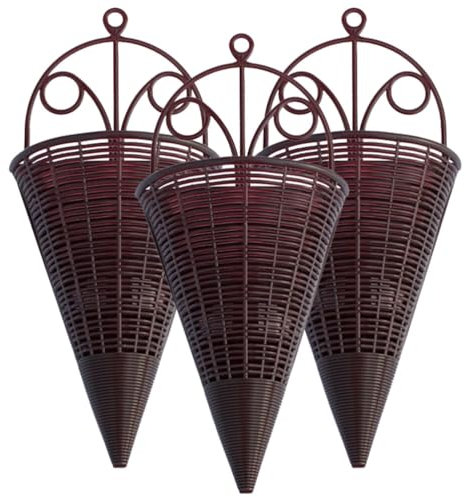 VANZACK Lot de 3 paniers muraux en rotin à suspendre en forme de cône pour plantes rustiques vintage - Pot de fleurs en osier - Nid d'oiseau pour extérieur et intérieur - Décoration de jardin