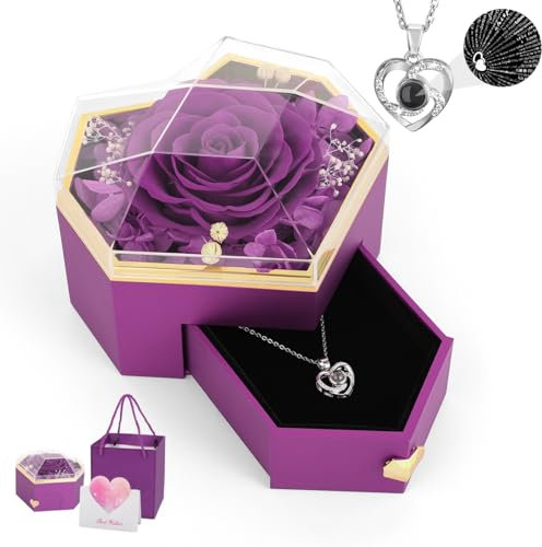 Emibele Necklaces Rosenbox, Kristall-Herz-Halskette mit 100 Sprachen für Mutter Freundin, Rose mit Konservierte Blumen für Geburtstagsgeschenk Valentinstagsgeschenk, Violett