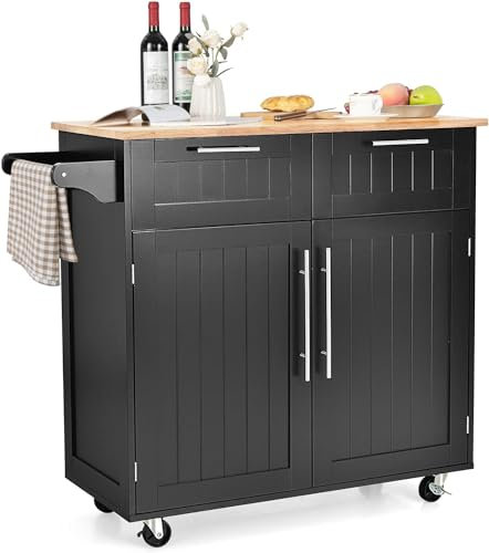 GOPLUS Desserte à Rouletttes Cuisine, 94 x 45 x 94,5 CM, Desserte Cuisine en Bois avec Placard Grand, Étagère Hauteur Réglables avec 4 Compartiments et 2 Tiroirs, Porte-Serviettes Latéral, Noir