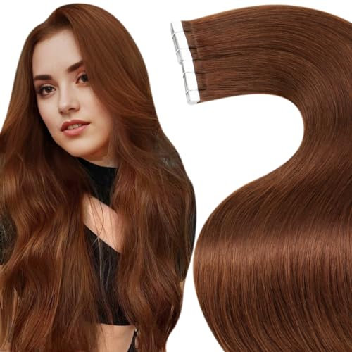 LaaVoo Tape Extensions Echthaar 60cm Rot Echthaar Extensions Tape Rotbraun Extensions Echthaar Tapes Seamless Haarverlängerung Echthaar Tape Glatt #33 50G 20pcs