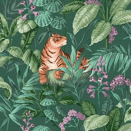 SOPHIE LAURENCE Wallpaper Crown Rajah Tropical Tiger Emerald Green Wallpaper - Botanical Jungle Theme, Heavyweight Textured Paper, Peelable, 0.53m x 10.05m Roll, Art Deco Style for Any Room
