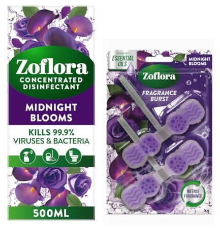 Zoflora Rim Block Midnight Blooms (2x) & Concentrate Midnight Blooms (1 x 500ml), Deodorizer For Toilet, Antibacterial Multi-Surface Cleaner, Kills 99,9% of Bacteria & Viruses