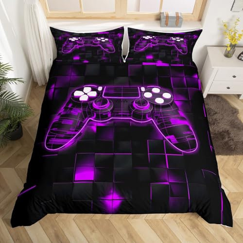 Homewish Gaming - Copripiumino per adolescenti, 200 x 200 cm, con 2 federe, set da letto per videogiochi, set di copripiumini con controller per giochi al neon copriletto quadrato geometrico, viola
