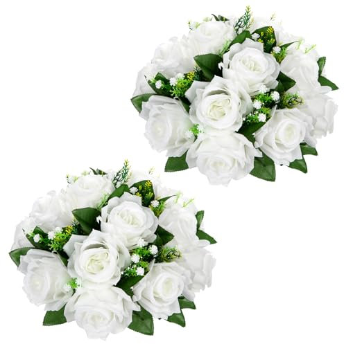 Oairse 2 Pcs Artificial Flower Ball with 15 Heads Silk Roses Flowers 22cm White Fake Flower Ball Arrangement with Base Flowers Bouquets for Centrepieces for Wedding Party Valentine Decor