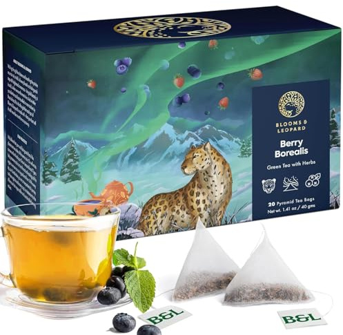 Blooms & Leopard Premium Grüntee | Berry Borealis | Hibiskus, Blaubeeren, Erdbeeren & Spearmint | Erfrischend, fruchtig, koffeinarm, unterstützt Immunsystem & Stressabbau | 20 Pyramiden-Teebeutel