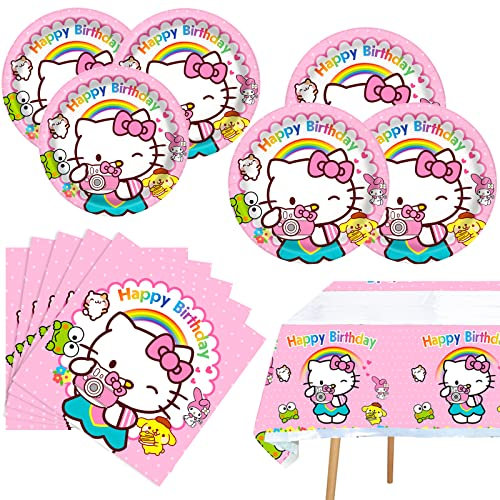 AVONO Kitty Birthday Party Supplies, 20 Plates, 20 Napkins and 1 Tablecover for Girls Kitty Party Decorations