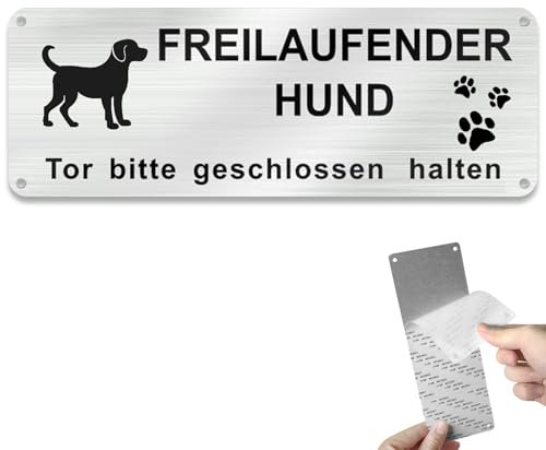 RAFIYU Vorsicht Freilaufender Hund, Hier Wache ich Hund, Achtung Hund Schild, Schilder Warnung Vor dem Hund aus Aluminium mit Selbstklebend und 4 Vorgebohrten Löchern (25 x 9cm)