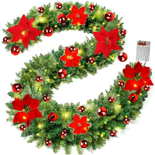 Weihnachtsgirlande Mit Lichtern Led, Tannengirlande Mit Beleuchtung, Weihnachtsdeko Girlande, Weihnachts Girlande Batteriebetriebene, Tannengirlande Weihnachten Mit Roten Blume Und Rote Frucht (2.7m)