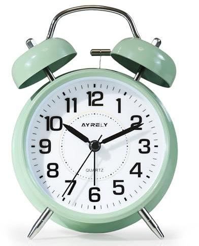 AYRELY® Wecker laut für Tiefschläfer – Niedliche Retro Doppelglocken Tischuhr, 4 Zoll, Wecker analog ohne Ticken mit Nachtlicht, Metallgehäuse für Kinderzimmer und Nachttisch (Saga-Grün)