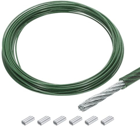 QUARKZMAN 30m Cable de Acero Inoxidable 304, 1.5mm OD Carrete Kit de Cuerda de Alambre con 6pcs Doble Orificio Aluminio Mangas PVC Recubierto para Cuerda Tendedero, Suspensión, Planta, Verde