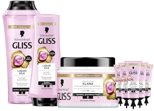 GLISS Glanz Booster Haarserum (100 ml) SOS-SET mit Gliss Shampoo Liquid Silk (250 ml) Glanz-Shampoo & Spülung Liquid Silk (200 ml) Pflegespülung & SOS-Intensiv-Kur Liquid Silk (5x 15 ml)
