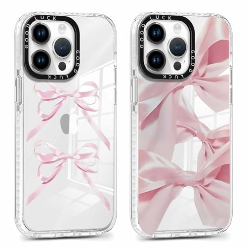 RUMDEY 2 Pack Clear Bow Phone Case for iPhone 15 Pro Max 6.7 inch, Cute Aesthetic Pattern Design Protective Soft Slim Shockproof TPU Bumper Cover for Girls Woman-Pink Bow