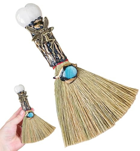 TANGPINGMAO Halloween Witch Broom, Kristall Witch Wicca Altar Besen, Hexenbesenstick mit herzförmiger Kristall, Halloween Hexendekor für die Heilung von Haushaltsvorräten