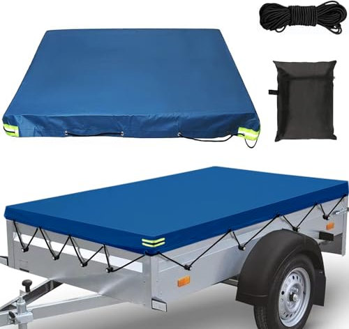 Telone di copertura per rimorchio, 207 x 114 x 6 cm, con 8 m, resistente agli strappi, strisce riflettenti, occhielli rinforzati, materiale Oxford 420D, impermeabile, antivento, per rimorchi auto, blu