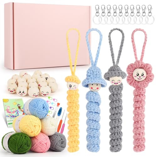 Coopay Sorgenwürmchen Häkelset für Anfänger, Häkel Set für Glückswürmchen mit 6x25g Bunt Häkelgarn, Glückswürmchen Häkelset mit 40 Stk Holzkugeln mit Gesicht und Anleitung, Häkeln Lernen Set