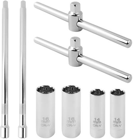8 Pièces Cle a Bougie Magnétique 3/8 Kit, Douille Bougie 16mm et 14mm, Cle Bougie avec Bielle et Levier Coulissant en T, pour Motos, Voitures et Tronçonneuses (Argent)