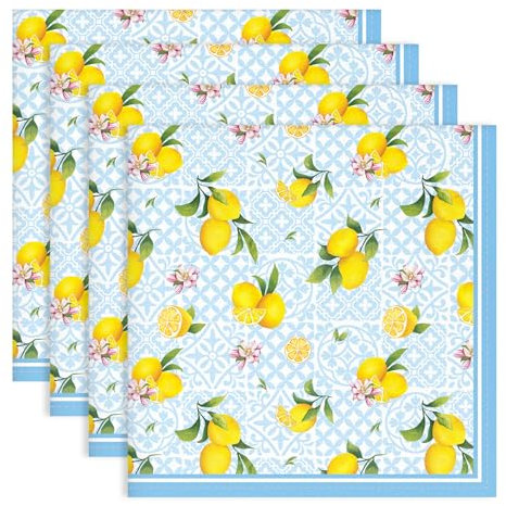Arquiel Servietten Blaue Zitrone 4er-Set, Stoffservietten 100% Baumwolle Dekoratives Weiches Wiederverwendbare Esstisch Servietten für Hochzeiten Küche Haushalt Frühling/Sommer(45×45cm)
