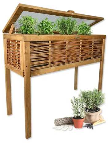 gartenetage Weidenhochbeet 100x40x80 cm – Hochbeet aus lasiertem Fichtenholz mit geflochtenen Weidenelementen, Polycarbonat-Abdeckung, Pflanzvlies – Ideal für Balkon, Terrasse & Garten