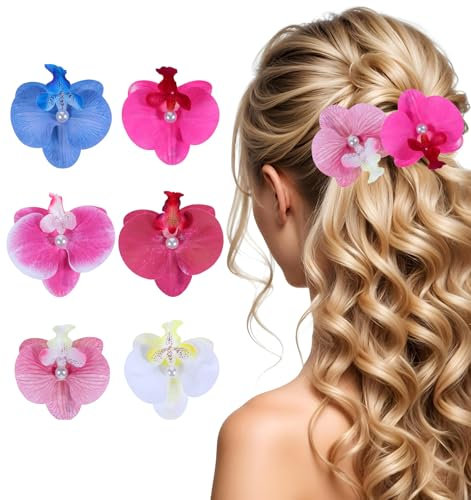 6er-Set Flower Hair Clip, Blumen Haarschmuck Design mit Federdruckverschluss, Blumen Haarschmuck PU-Material & Glitzerperlen, Natürlicher Charme In 6 Farben