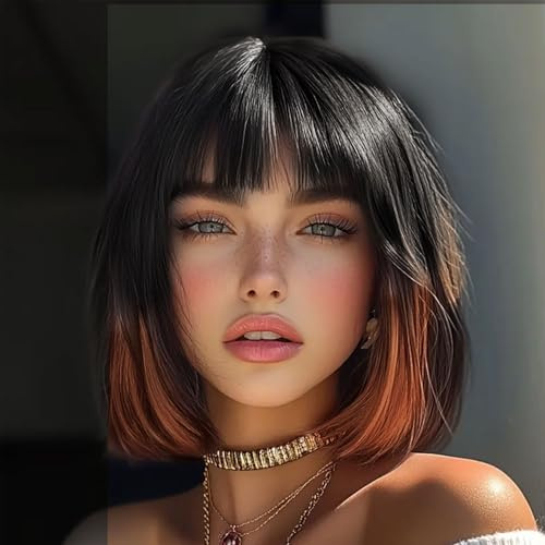 Fulang Hair Dunkelbraun Highlight Bob Perücken Mit Pony Kurze Glatte Highlight Perücken Damen, Schulter Lange Bob Perücke Mit Pony, Natürliche Haare Synthetische Perücke Für Den Täglichen Gebrauch