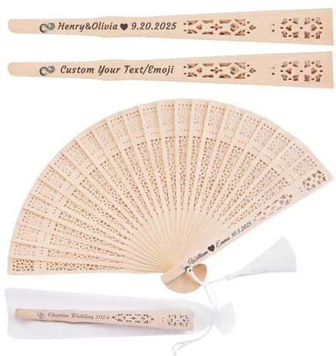 Yecaiyoger 50 Pcs Personalised Wooden Hand Fans Bulks Wedding Favors Custom Engraved Text Sandalwood Folding Fans for Party Favors Bridal Shower Wedding Gift for Guests (50)