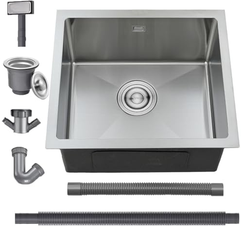 Brushed Kitchen Sink, 45X45CM Small Sink Stainless Steel Single Bowl, BoomHoze Outdoor Campervan with Overflow, Drainer Fittings, Undermount, Top Mount, Drop in Flushmount Installation, Brushed
