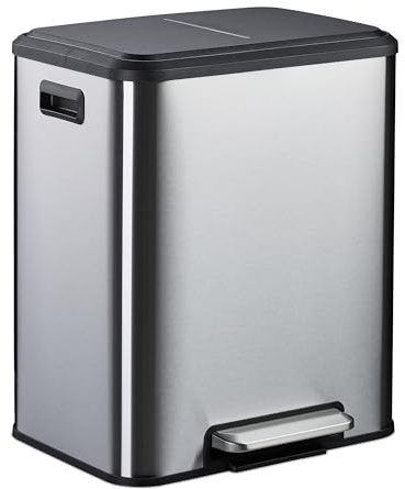 Relaxdays Kitchen Bin, 2 Compartments, 15 Litres Each, Inner Buckets, Foot Pedal, Recycling Dustbin, Soft-Close, Silver