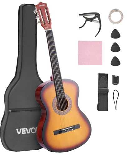 VEVOR 38 Inch Beginner Acoustic Guitar, Classical Guitar Full Starter Kit with Nylon Strings, Gig Bag, Strap, Tuner, Extra Strings, Pick, Capo, for Teenagers Adults Students Youth, Sunburst